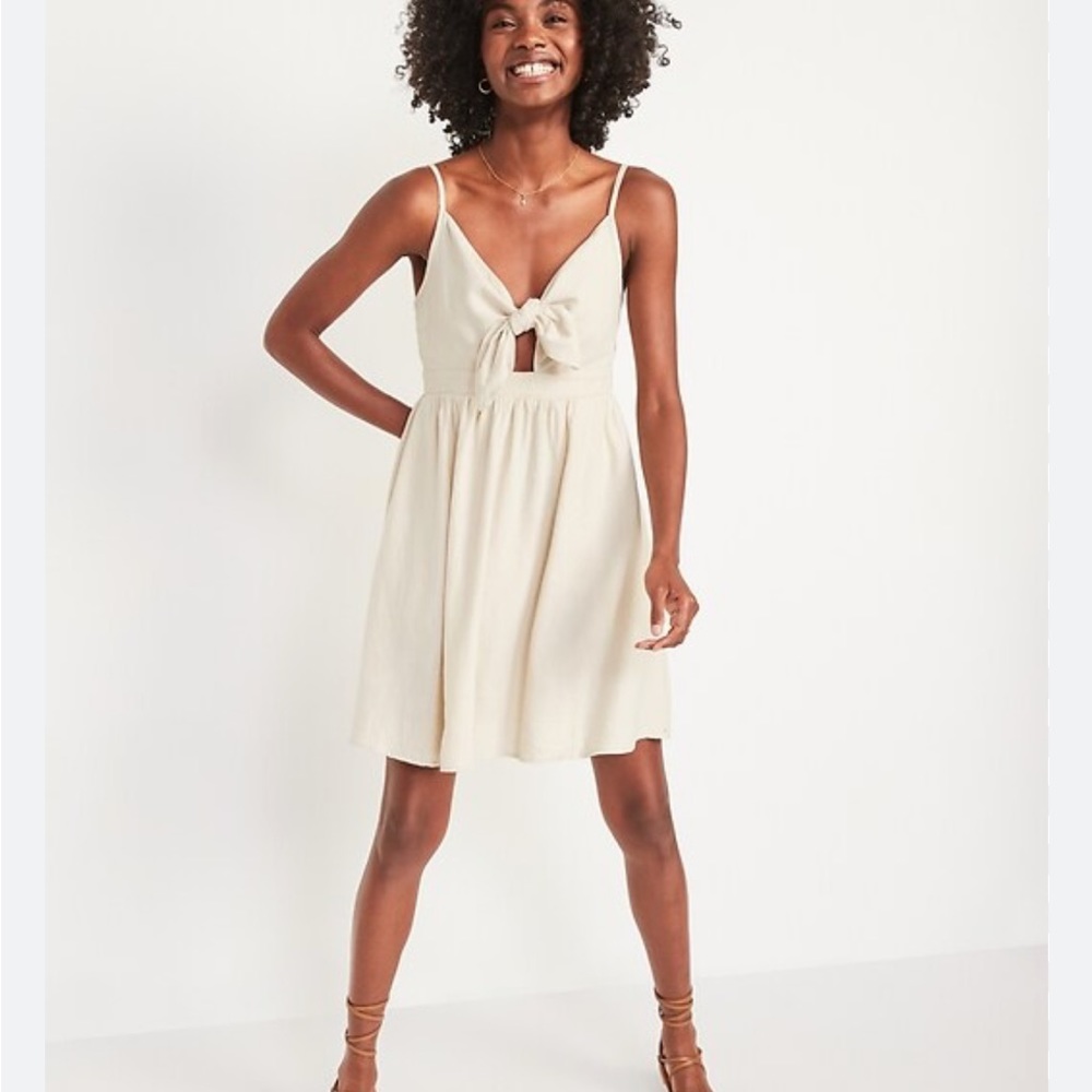 Old Navy Beige Fit & Flare Knotted Smocked Mini Cami Dress